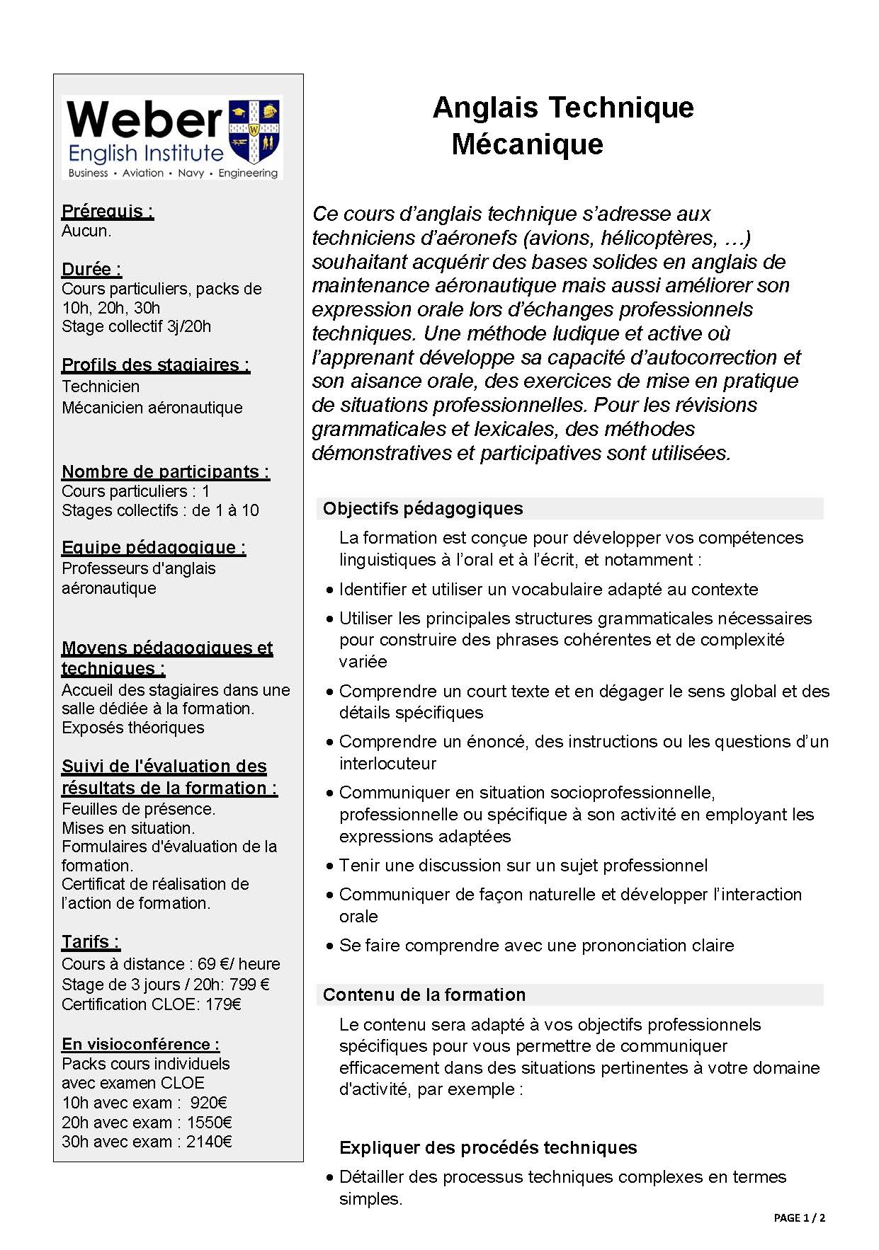 Anglais pro niveau MECANIQUE